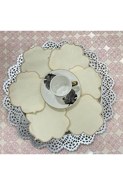 AYNAKIŞÇEYİZ منديل كوكتيل من الكتان بلون كريمي مكون من 6 قطع وقاعدة أكواب منا...