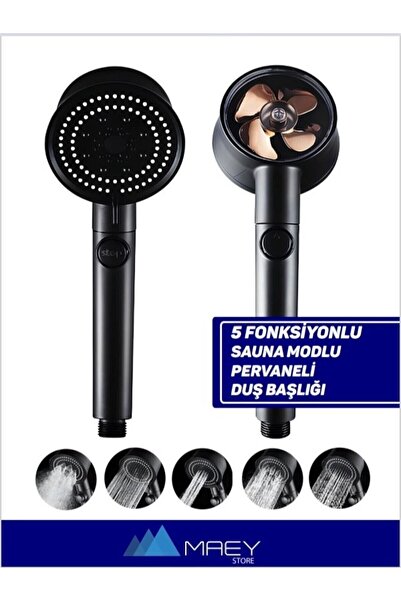 MAEY STORE Turbo Pervaneli Siyah Duş Başlığı 5 Fonksiyonlu Start-stop Tuş 360...