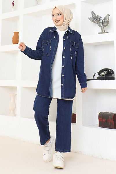 Herita "Dunkelblaues Denim-Set mit Steindetails - 19207"