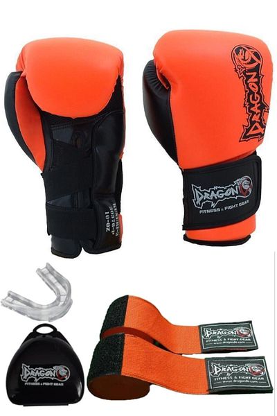 Dragondo مجموعة تدريب كونوري كيك بوكسينغ MuayThai - قفازات ملاكمة التنين، ضمادة وواقي الفم، مجموعة من 3 قطع
