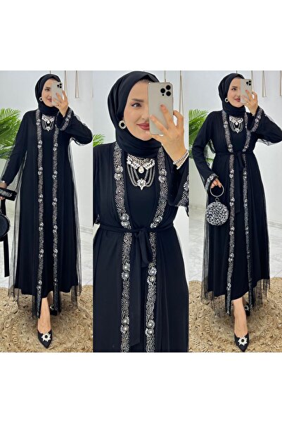 FIRSTESLEM Kadın Taş / İncili Dubai Tül Abayalı Özel Günlerin Kurtarıcısı İkili Abiye Abaya Takım
