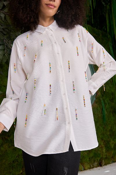 MİA NOURA Ovursize Shirt - Front Bead Embroidered