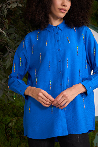 MİA NOURA Ovursize Shirt - Front Bead Embroidered
