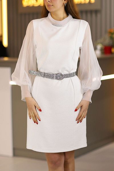 THE Q STUDİO White Knee Length Organza Sleeve and Collar Large Size Evening Dress with Stone Detail