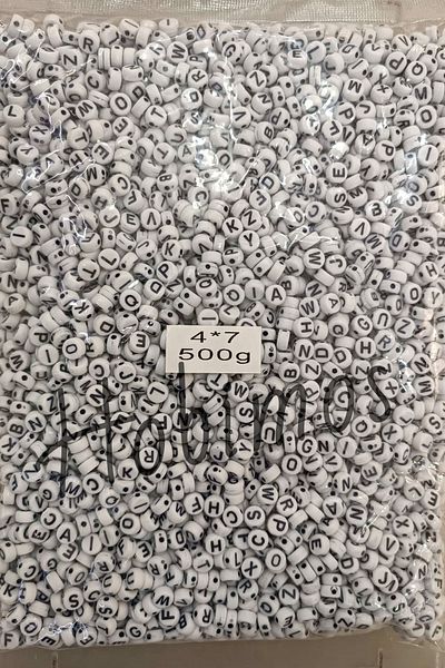Hobimos 500gr 4x7mm White and Black Written Flat Letter Beads - Wholesale Beads