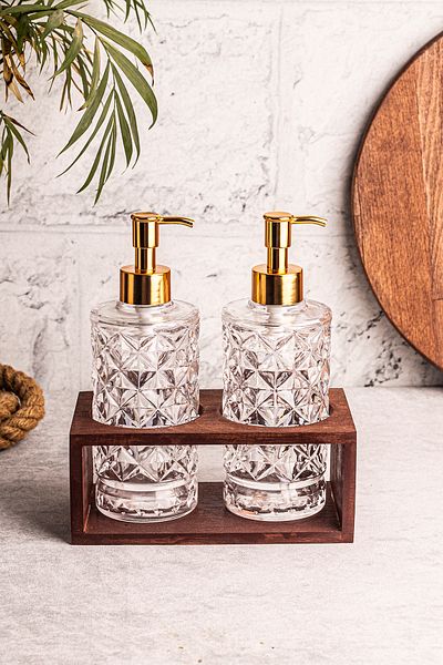 Snippy Mira - 2-Piece Glass Liquid Soap Dishwashing Liquid Bottle with High Wooden Stand Soap Dispenser 250 ml