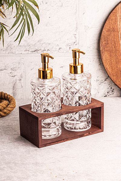 Snippy Mira - 2-Piece Glass Liquid Soap Dishwashing Liquid Bottle with High Wooden Stand Soap Dispenser 250 ml