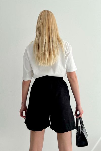 Lusin Women's Linen Shorts Lace-up Paperbag Waist Black