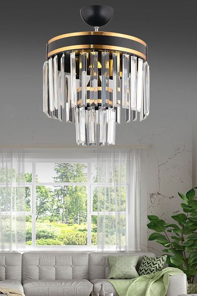 KARDELEN AYDINLATMA AVİZE Paris 4-Piece, 2-Tier Black and Gold Gilded Modern Chandelier with 30' Crystal Stones