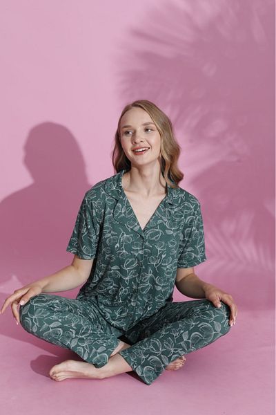 PİJAMOOD Women's Self-Printed Short-Sleeved Cotton Front Buttoned Pajama Set