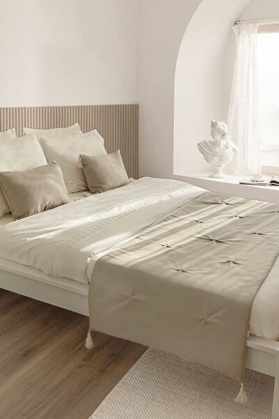 RİTMOHOME Bed Runner & Inner Padded Throw Pillow Set Double Size Linen Tufted Stone Cream Tufted
