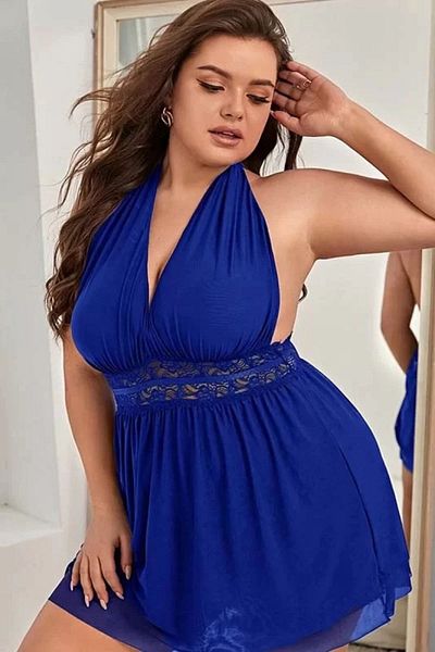 CATHECAT Stylish Saks Blue - Large Size Mini Tulle Nightgown with Low Waist Cut