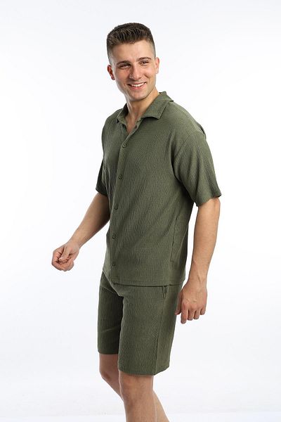 Polo State Green Men's Crinkle Shirt and Shorts Set