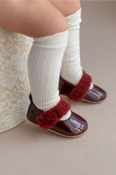 First Step Burgundy Hairy Velcro Patent Leather Baby Girl Ballerina Booties First Step Shoes-g-2355