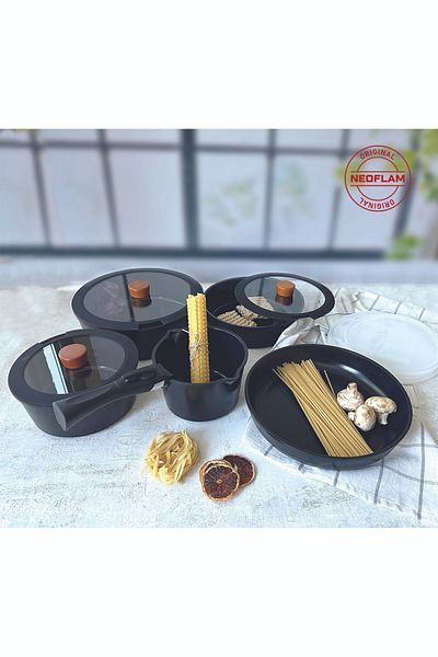 NEOFLAM Midas Black 11-Piece Detachable Safety Handle Nesting Induction Pot Pan Set
