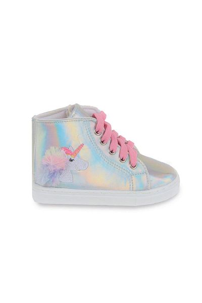 First Step Unicorn Embroidered Furry Pink Lace Detailed Zippered Silver Girl's Sneaker Sports Shoes-s-1003