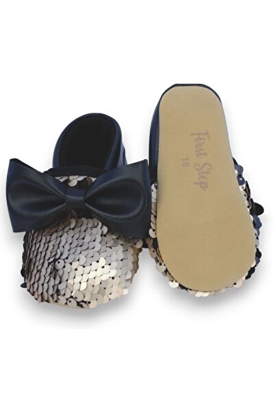 First Step Siyah Gold Pul Payetli Fiyonklu Kız Bebek Babet Patik-G-2366