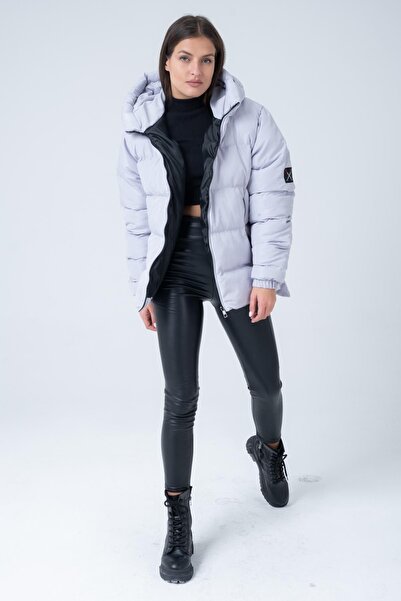 Polo State Γυναικείο παλτό με κουκούλα Age Of State με στάμπα ασημί