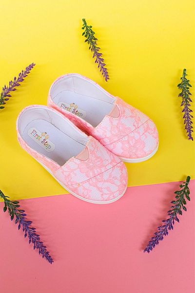 First Step Lacy Children's Linen Ballerina Shoes-pink-f-4001