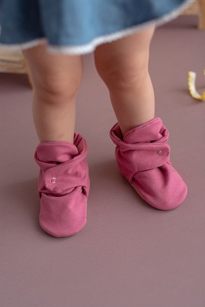 First Step Organic Cotton Dusty Rose Slippers with Non-Slip Base Snaps