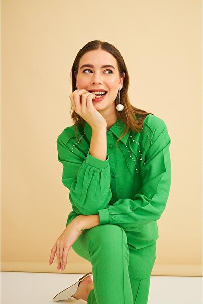 Basicpark Udes Stone Embroidered Linen Green Shirt Trousers Set