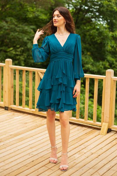 SpringStore Rochie de seara din sifon petrol cu ​​maneca lunga