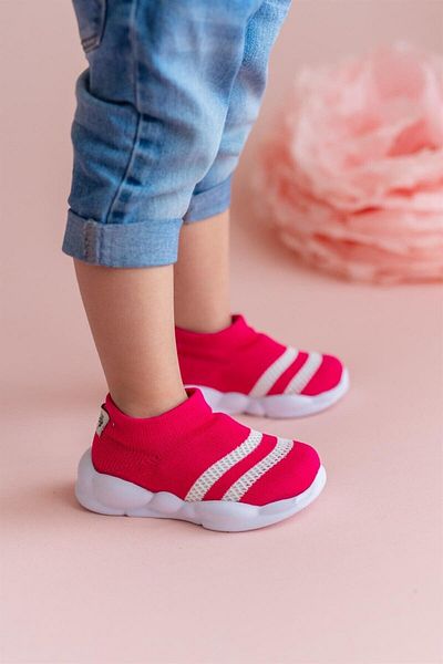 First Step Εξαιρετικά ελαφρύς αφρός μνήμης εσωτερική σόλα Παιδικά πλεκτά αθλητικά παπούτσια Fuchsia με λευκή ρίγα-M-1002