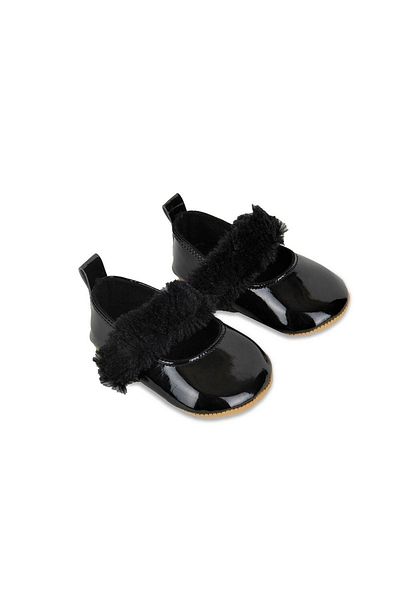 First Step Black Furry Velcro Patent Leather Baby Girl Ballerina Booties First Step Shoes-g-2355