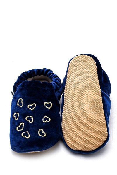 First Step Heart Embroidered Non-Slip Sole Velvet Booties Navy Blue F-823