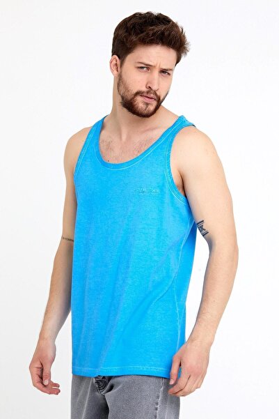 Polo State Erkek Neon Yağ Yıkamalı Nakışlı Atlet Mavi