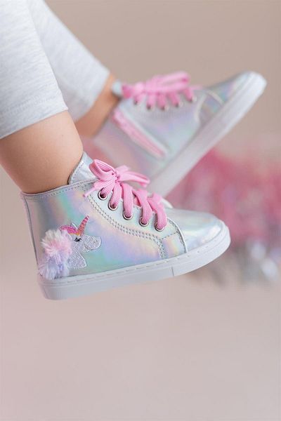 First Step Unicorn Embroidered Furry Pink Lace Detailed Zippered Silver Girl's Sneaker Sports Shoes-s-1003