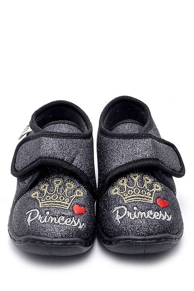 First Step Black Princess Embroidered Children's Slippers