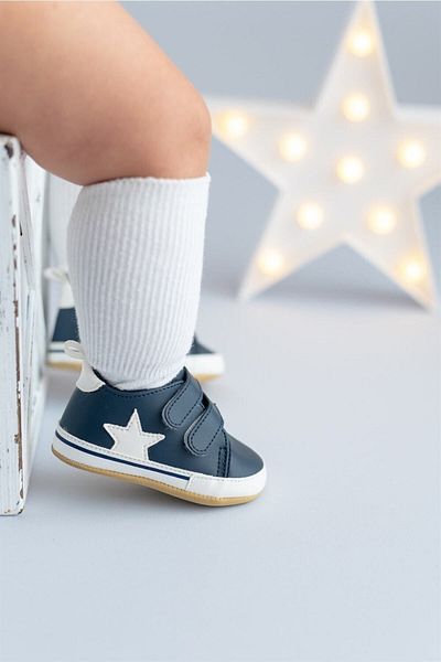 First Step White Star Navy Blue Baby Boy Velcro Booties First Step Shoes-g-2352