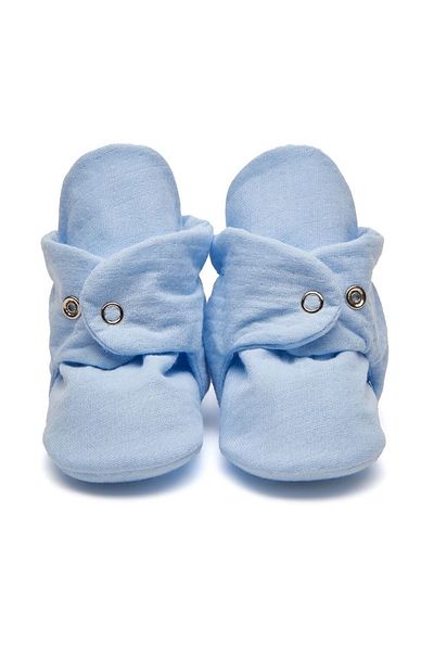 First Step Organic Cotton Muslin Blue Slippers with Snap Fasteners