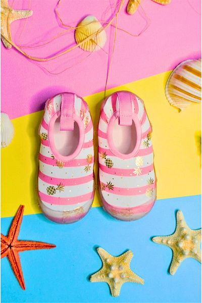 First Step Pantofi de mare pentru fete, cu talpă anti-alunecare, imprimați cu frunze roz, ananas-f-7018