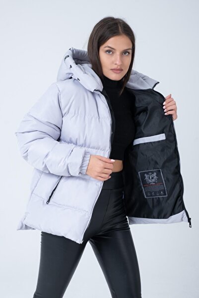 Polo State Γυναικείο παλτό με κουκούλα Age Of State με στάμπα ασημί