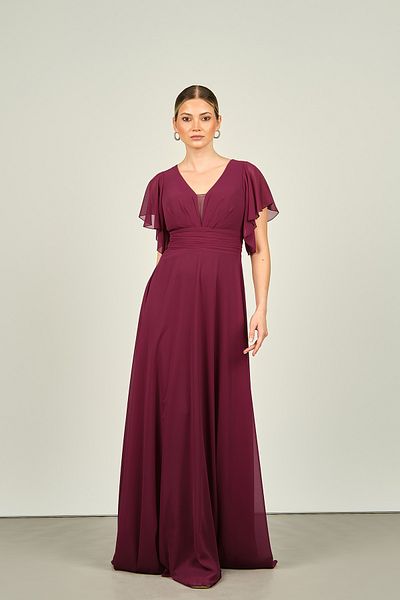 ESCOLL V-Neck Short Sleeve Long Women's Evening Dress - Plum 1786