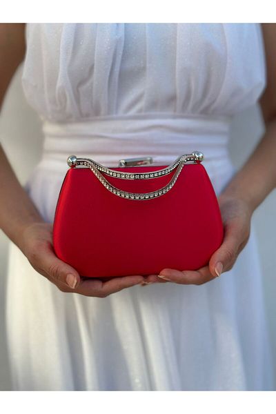 Sh Poly Γυναικείο σατέν κόκκινο βραδινό φόρεμα Clutch Portfolio Chain Strap Hand Wedding Engagement Night Shoulder Bag