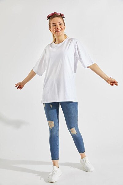 KAM TİŞÖRT أبيض Basicoversize طاقم الرقبة قصيرة الأكمام تي شيرت