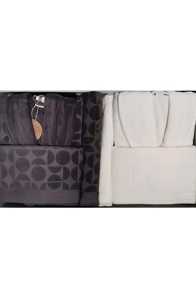 Özdilek Large Size Velvet Cotton Family Bathrobe Set - Circular Cream Anthracite Bath Towel