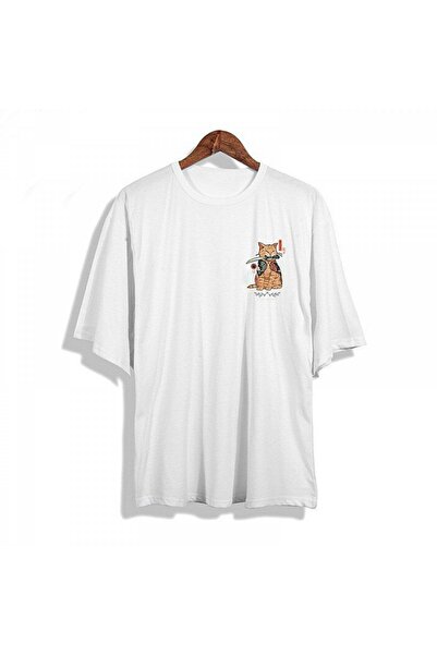 YOUWINNER تيشيرت أسود كبير الحجم مطبوع عليه قطة الساموراي للجنسين