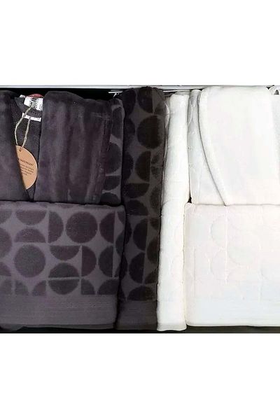 Özdilek Large Size Velvet Cotton Family Bathrobe Set - Circular Cream Anthracite Bath Towel