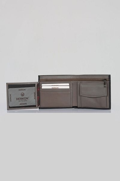 DERKON Men's Wallet - Genuine Leather, Black Outside, Gray Inside, Zipper Detail