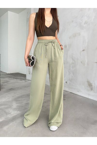 BİKELİFE Leinen Sommerhose für Damen - Elastischer Bund, Taschen, Weiter Schnitt