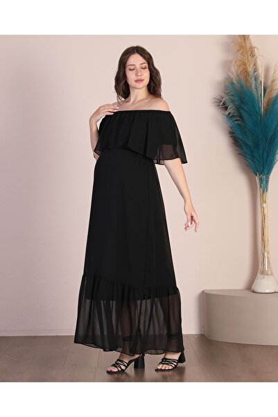 Azra Style فستان شيفون طويل بياقة مكشكشة للحوامل للموسم الجديد 8009 أسود