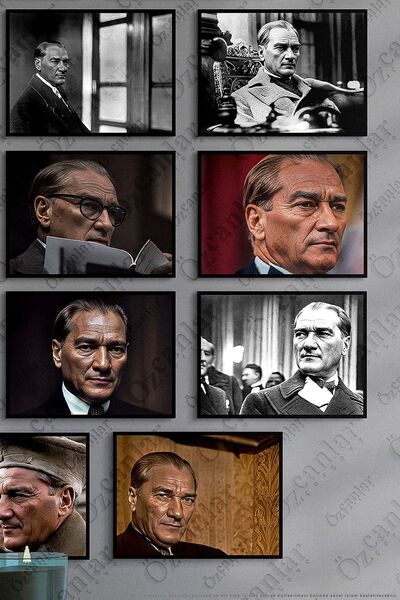 ÖZCANLAR ÇERÇEVE Atatürk Çerçevesiz Çerçeve Görünümlü Atatürk Fotoğrafları 14 Parça Mdf Tablo Seti Mdf Baskı Atam