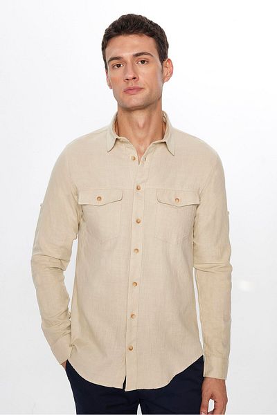 Tudors Αθλητικό πουκάμισο σε χρώμα Stone Slim Fit - Μακρύ μανίκι, 100% βαμβακερό λινό, διπλή τσέπη