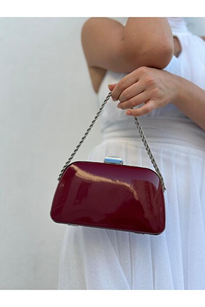 she poly Kadın Rugan Bordo Abiye Clutch Portföy Zincir Askılı El Düğün Nişan Gece Omuz Çantası