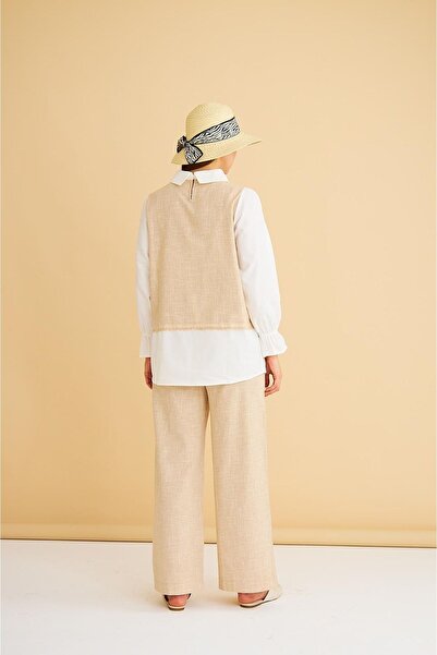 Basicpark Lambade Button Detailed Wide Leg Linen Camel Tunic Trousers Set