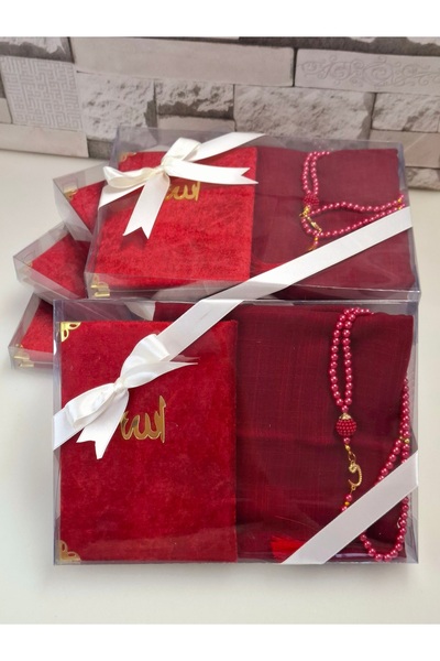 hira tasarım Hediyelik Kadife Kaplı Yasin Flamlı Eşarp Inci Tesbih Mevlid Set...